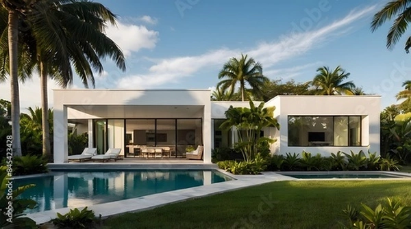 Obraz A modern villa exterior with a sleek and contemporary design with clean lines and large windows in Florida. Tropical landscaping with palm trees, colorful flowers, and lawns, 3D render