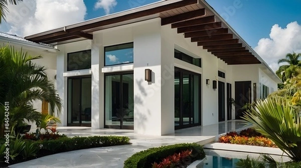 Obraz A modern villa exterior with a sleek and contemporary design with clean lines and large windows in Florida. Tropical landscaping with palm trees, colorful flowers, and lawns, 3D render