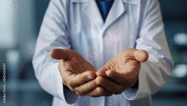 Fototapeta Image of a doctor with open hands, symbolizing care and readiness to provide medical assistance and offering help and support to those in need.