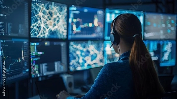 Fototapeta Cybersecurity Professionals Monitoring Network Traffic on Multiple Large Displays in Business Technology Networking Concept