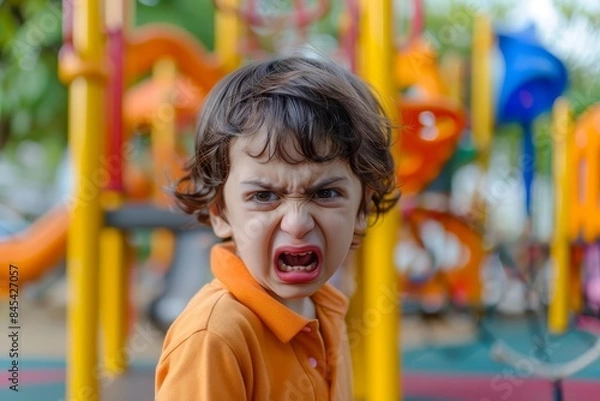 Fototapeta A young child in an orange shirt making a funny face at a playground, with colorful play equipment in the background.