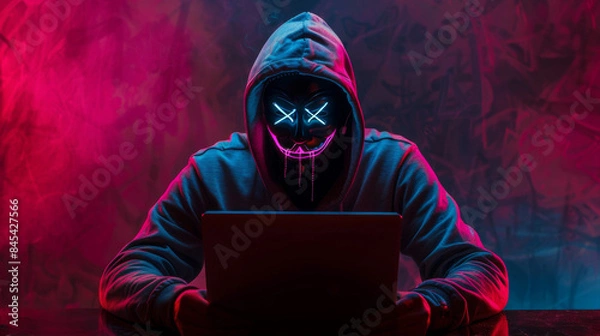 Obraz Hacker in a neon mask. Cyber criminal with laptop. Cyber crime, hacker activity, digital system security, cyber attack threat, malware virus alert concept, fraud money, ddos attack.