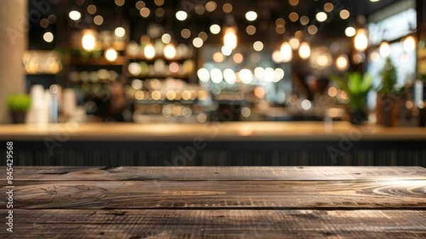 Fototapeta An empty coffee table against a defocused coffee shop backdrop, offering calm and copy space. Ai Generated.