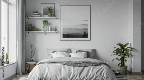 Fototapeta A minimalist white wall with floating shelves and a monochrome art print above the bed.