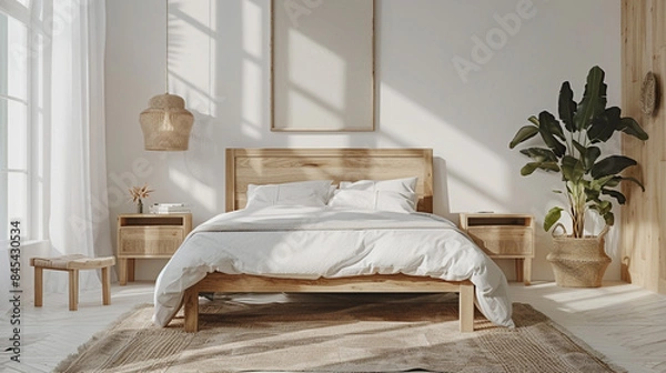 Fototapeta A modern Scandinavian bedroom with a light wood bed, white walls, and a monochrome rug, featuring minimalist decor and natural light.