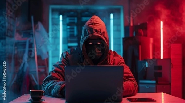Obraz Hacker in a neon mask. Cyber criminal with laptop. Cyber crime, hacker activity, digital system security, cyber attack threat, malware virus alert concept, fraud money, ddos attack.