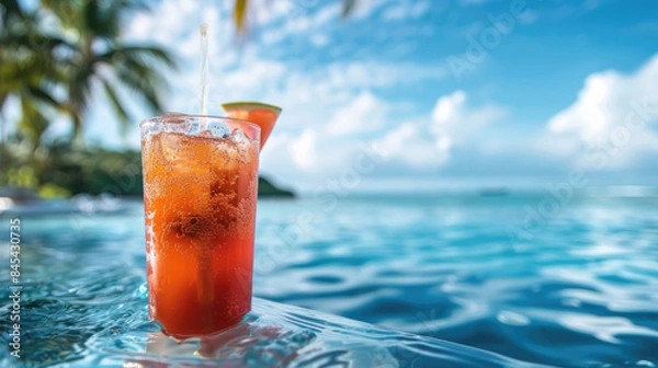 Fototapeta A refreshing watermelon drink sits on the edge of a sparkling pool with a view of the ocean and blue sky