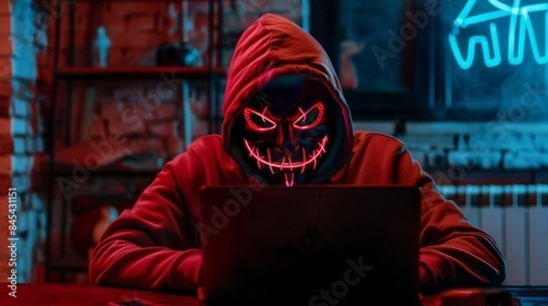 Obraz Hacker in a neon mask. Cyber criminal with laptop. Cyber crime, hacker activity, digital system security, cyber attack threat, malware virus alert concept, fraud money, ddos attack.