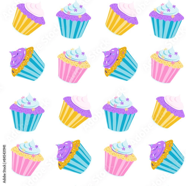Fototapeta Whimsical Pastel Desserts cupcakes - Colorful Vector Illustration for Fabrics, Wallpapers, and Stationery