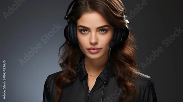 Fototapeta Cocky contact center representative conversing with a client while isolated in a backdrop