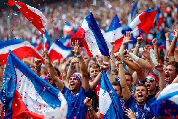 Fototapeta Euphoria and Triumph: French Fans Celebrate the Most Important Goal of Their Lives, Waving Flags and Rejoicing in big competition like World Cup and Euro

