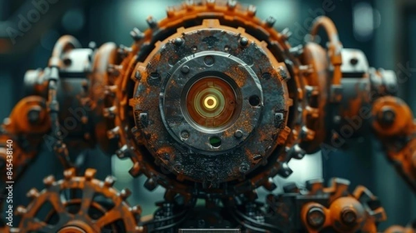 Fototapeta Close-up of an industrial machine with gears and rust, showcasing intricate mechanical design and engineering complexity.