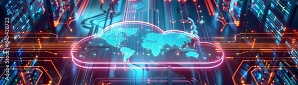 Fototapeta Cloud computing infrastructure supporting financial services, secure servers, glowing neon, hightech, digital art