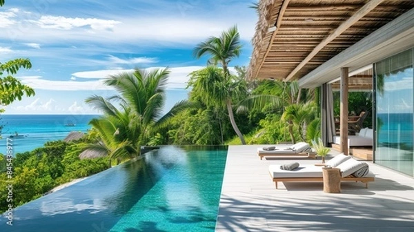 Fototapeta A luxurious tropical resort with an infinity pool overlooking the ocean. The scene features sun loungers, palm trees, and a modern villa with large glass windows, all under a clear blue sky.