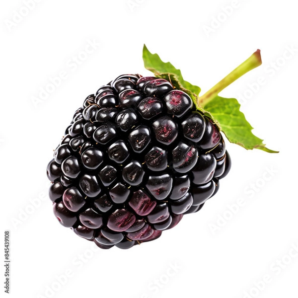 Obraz Close-up image of a fresh blackberry with green leaves, showcasing natural texture and vibrant color. Ideal for food and fruit-themed projects.