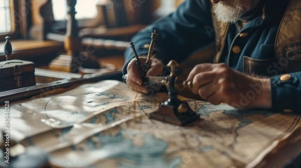 Fototapeta Close-up of ship captain navigating with antique nautical instruments and map
