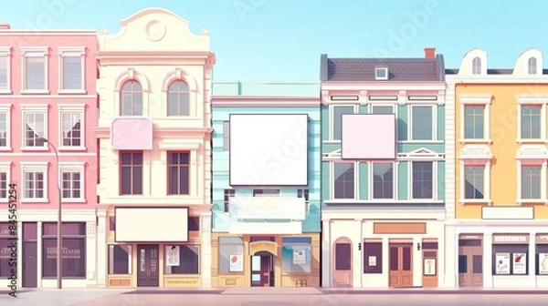 Fototapeta Multiple signs on buildings flat design side view urban theme animation colored pastel