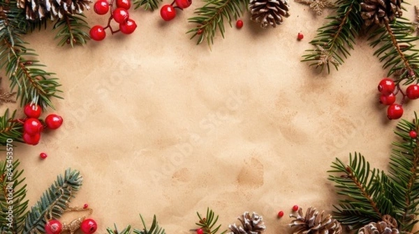 Fototapeta Christmas border on beige paper background