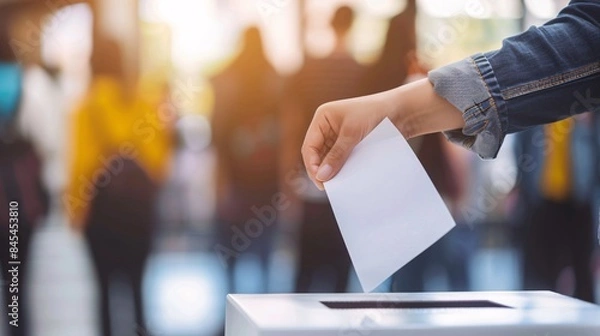 Obraz A hand places a voting ballot into a ballot box at a polling station