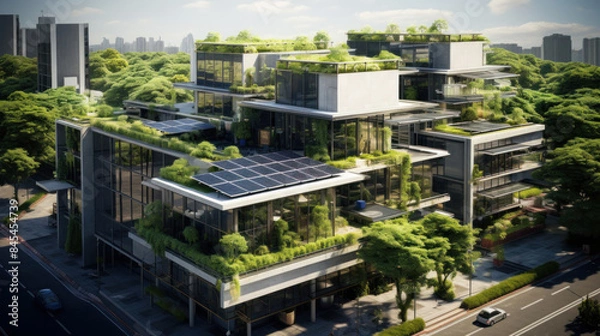 Fototapeta Modern Eco-Friendly Building with Solar Panels and Green Roofs in Urban Setting Surrounded by Lush Trees and Cityscape in the Background