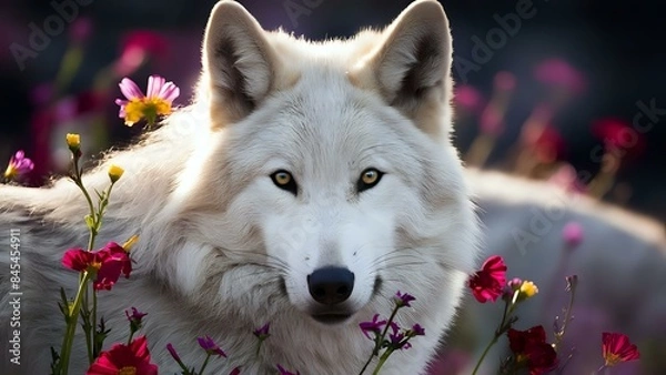 Obraz White Wolf Amidst Flowers