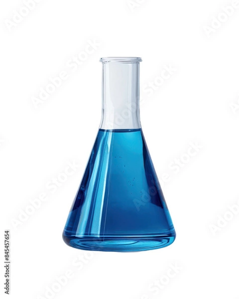 Fototapeta A vibrant blue liquid in an Erlenmeyer flask, ideal for illustrating chemistry experiments and scientific research visuals.