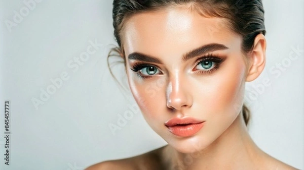 Fototapeta a young woman model with flawless makeup, copy space, banner
