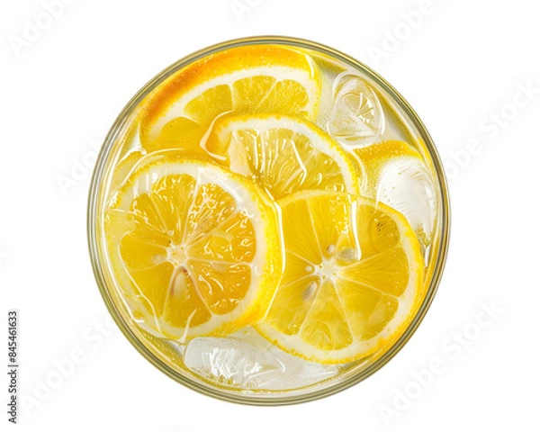 Obraz Sparkling Glass of Lemonade with Ice and Lemon Slices top view isolated on white background