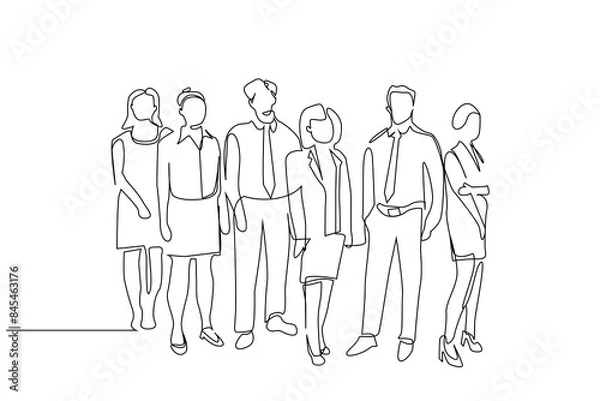 Fototapeta business finance employees people managers together pose office full body length group team one line art design vector