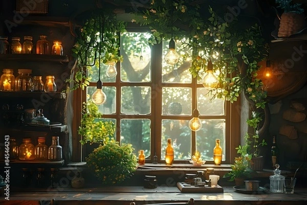 Fototapeta Tranquil Escape: Rustic Window and Nature View