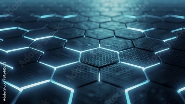 Fototapeta Hexagon techno-advanced molecular visuals with networking connectivity. Neon grid with laser matrix and smart engineering systems. Digital infrastructure, high-tech data processing.