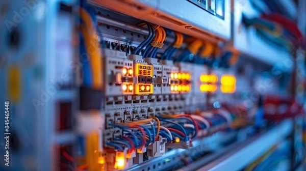 Fototapeta High-resolution close-up of organized electrical wiring, glowing indicators, technology infrastructure

