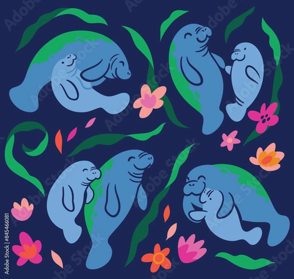 Fototapeta Cute Manatees with babies. Vector illustration