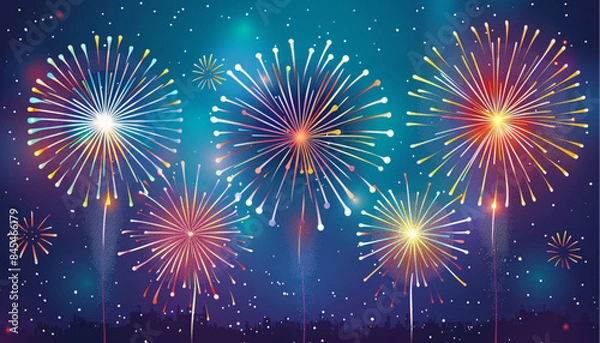 Fototapeta Vector set of colorful celebration festive fireworks for holiday, new year party, Xmas, birthday, carnival, Independence day. Firework show in dark evening sky. Pyrotechnics firecracker background