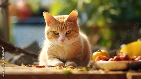 Fototapeta a cat is enjoying eating its food on the table