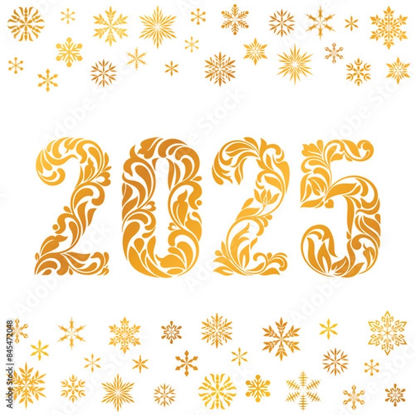 Fototapeta Happy New Year 2025. Golden figures with made in floral ornament isolated on a white background. The design is decorated with golden snowflakes