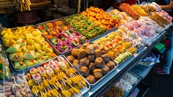 Fototapeta High-angle view of a Thai dessert stall at a night market, offering a variety of sweet treats and snacks