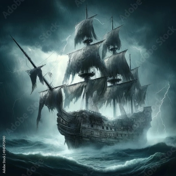 Fototapeta Haunted ghost ship sailing through a dark stormy sea with tattered sails..
