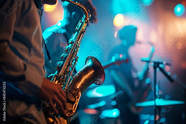 Fototapeta jazz band performing on stage at the club. AI generative.