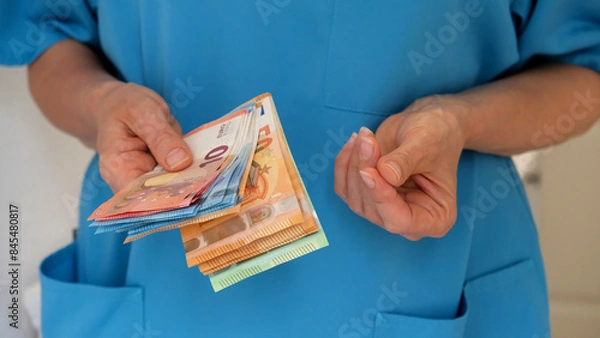 Obraz Close-up of the hands of a nurse in a turquoise uniform holding and counting money. Concept of acute shortage of medical personnel. The concept of a good salary for medical and elderly care staff.