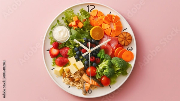Obraz a clock with hands pointing to different times of the day, each time accompanied by illustrations of recommended foods