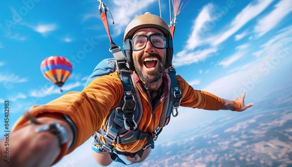 Obraz Man's thrill bungee jumping from hot-air balloon captures excitement, adventure, and adrenaline. With joyful expression, he embraces freefalling, embodying bravery, fearlessness in daring activity