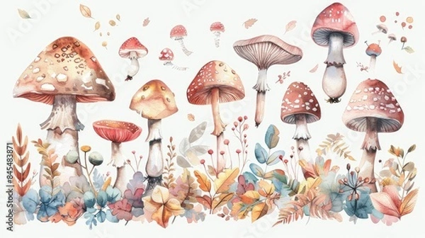 Fototapeta Different types of mushrooms, botanical watercolor illustration on white background