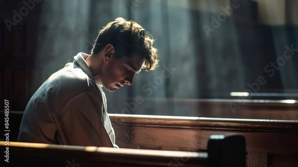 Fototapeta A man sits alone in a church pew, head bowed, bathed in sunlight through the windows. The scene exudes serenity, faith, and contemplation in the sacred interior
