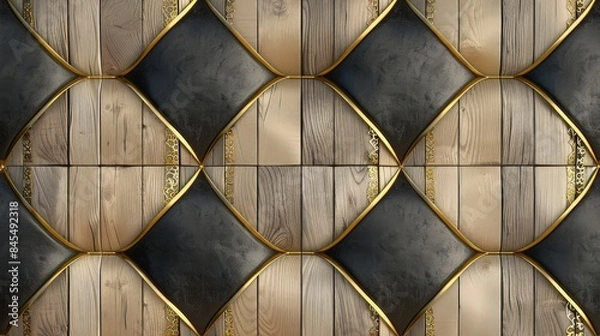 Fototapeta 3D wallpaper incorporating bleached oak wood, matte gold filigree, soft black leather, and intricate golden stripes, creating a seamless and elegant wall decor.