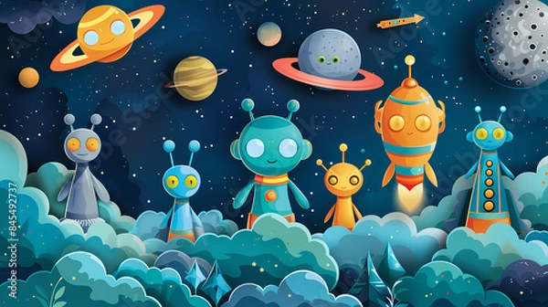 Fototapeta Space posters cartoon alien characters spaceship,paper style