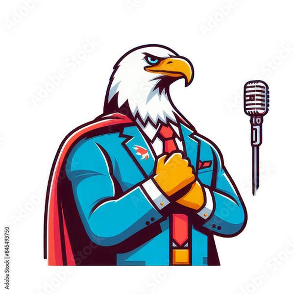 Fototapeta A man in a suit and tie is standing in front of a microphone
