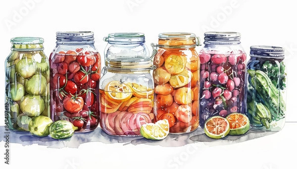 Fototapeta A row of jars filled with various fruits and vegetables