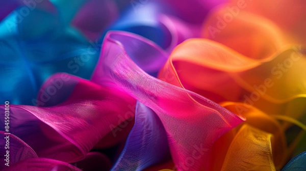 Fototapeta Colorful transparent fabric is flowing in the air creating abstract shapes, illuminated with colorful lights