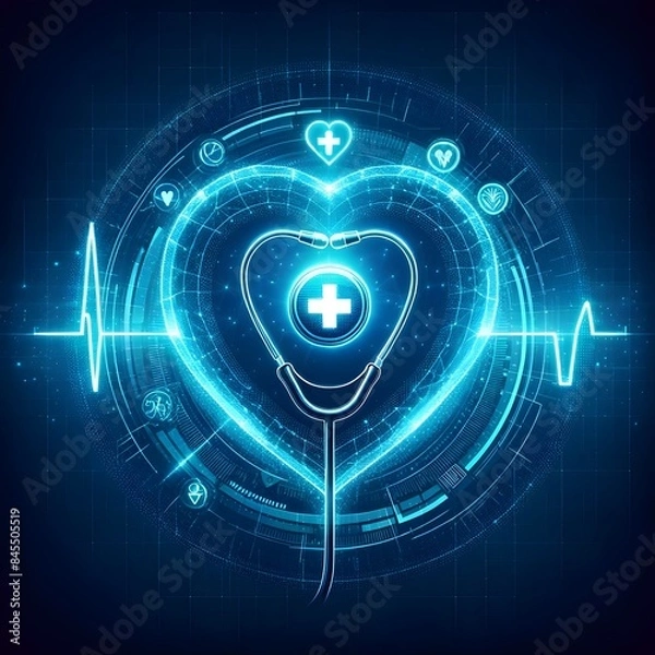 Fototapeta Futuristic digital stethoscope with heart shape and medical symbols on a dark blue background. Healthcare technology and innovation concept for design and print